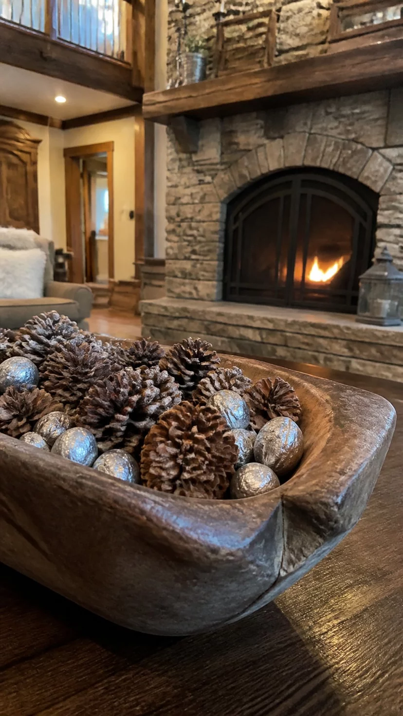 Large Wooden Bowls With Pinecones A super-realistic photo of a lodge style living room with a massive hand carved wooden bowl on the table, the bowl is overflowing with large natural pinecones and silver sprayed walnuts, a warm fire burns in the background, everyday social media post aesthetic, photorealistic, high-quality mobile photography, shot on an iPhone 14