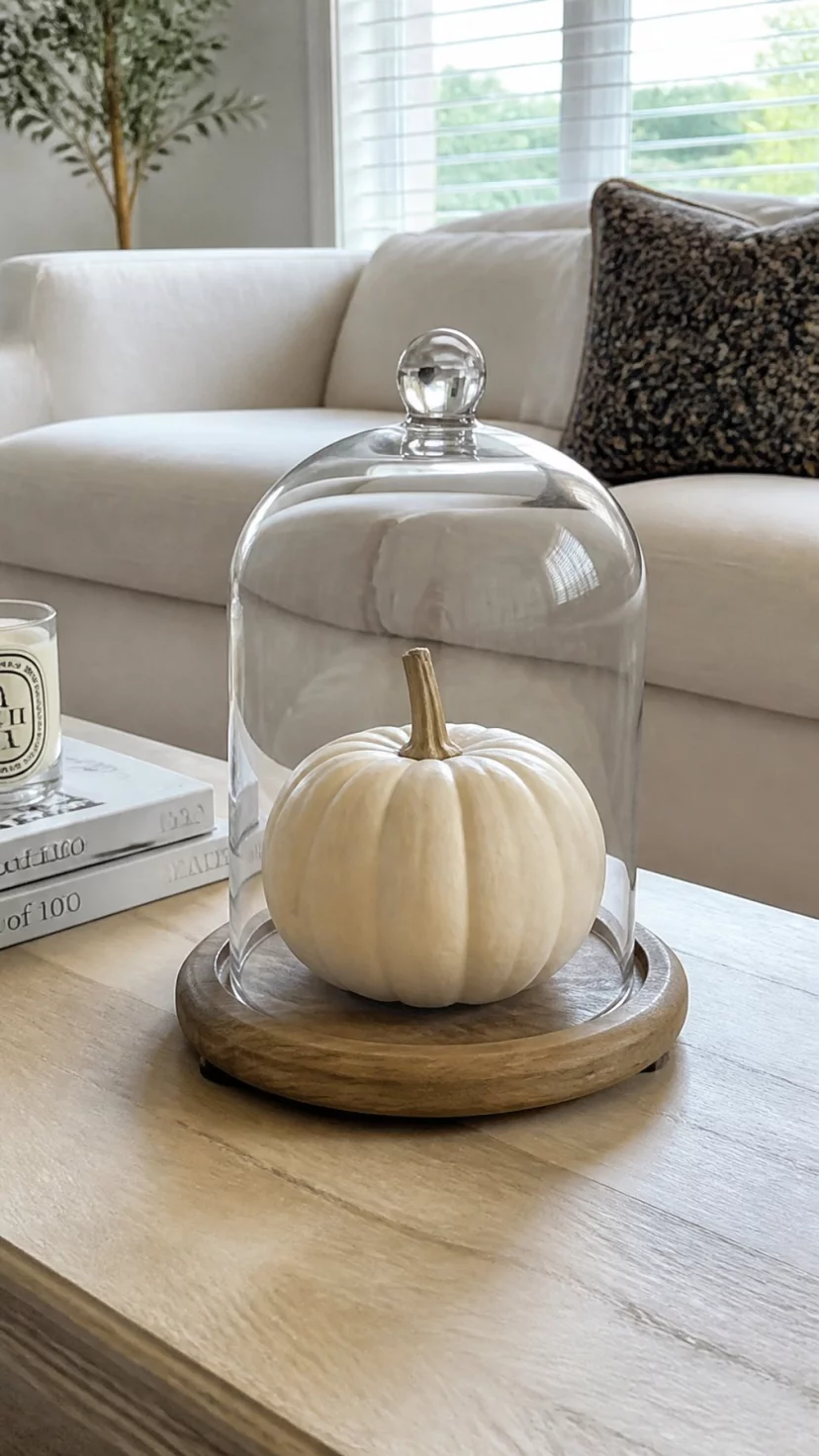 Glass Cloches Covering Seasonal Finds A super-realistic photo of a bright living room where a glass cloche sits on a wooden base over a single large white pumpkin, the glass reflects the light from the window, the table is light and airy, everyday social media post aesthetic, photorealistic, high-quality mobile photography, shot on an iPhone 14