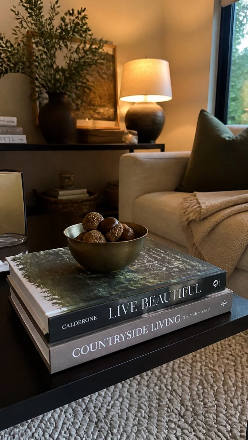 Stacks Of Oversized Art Books A super-realistic photo of a cozy apartment living room where a coffee table features two thick coffee table books about nature and architecture, a small bronze bowl filled with acorns sits on top of the books, the room has warm mood lighting and a textured rug, everyday social media post aesthetic, photorealistic, high-quality mobile photography, shot on an iPhone 14