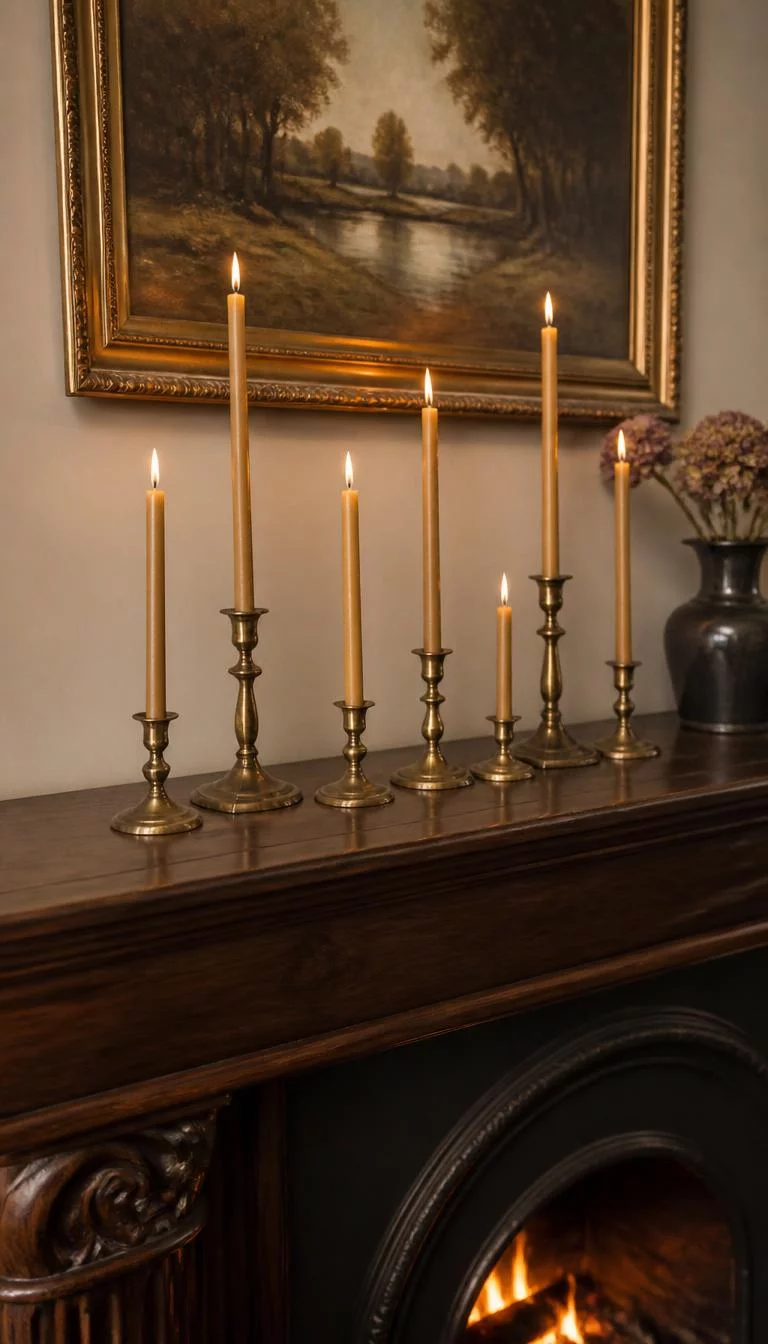 A super-realistic photo of a dark wood fireplace mantle decorated with a staggered row of spindly vintage brass taper candle holders, each carrying a tall beeswax candle with a small flickering flame, everyday social media post aesthetic, photorealistic, high-quality mobile photography, shot on an iPhone 14