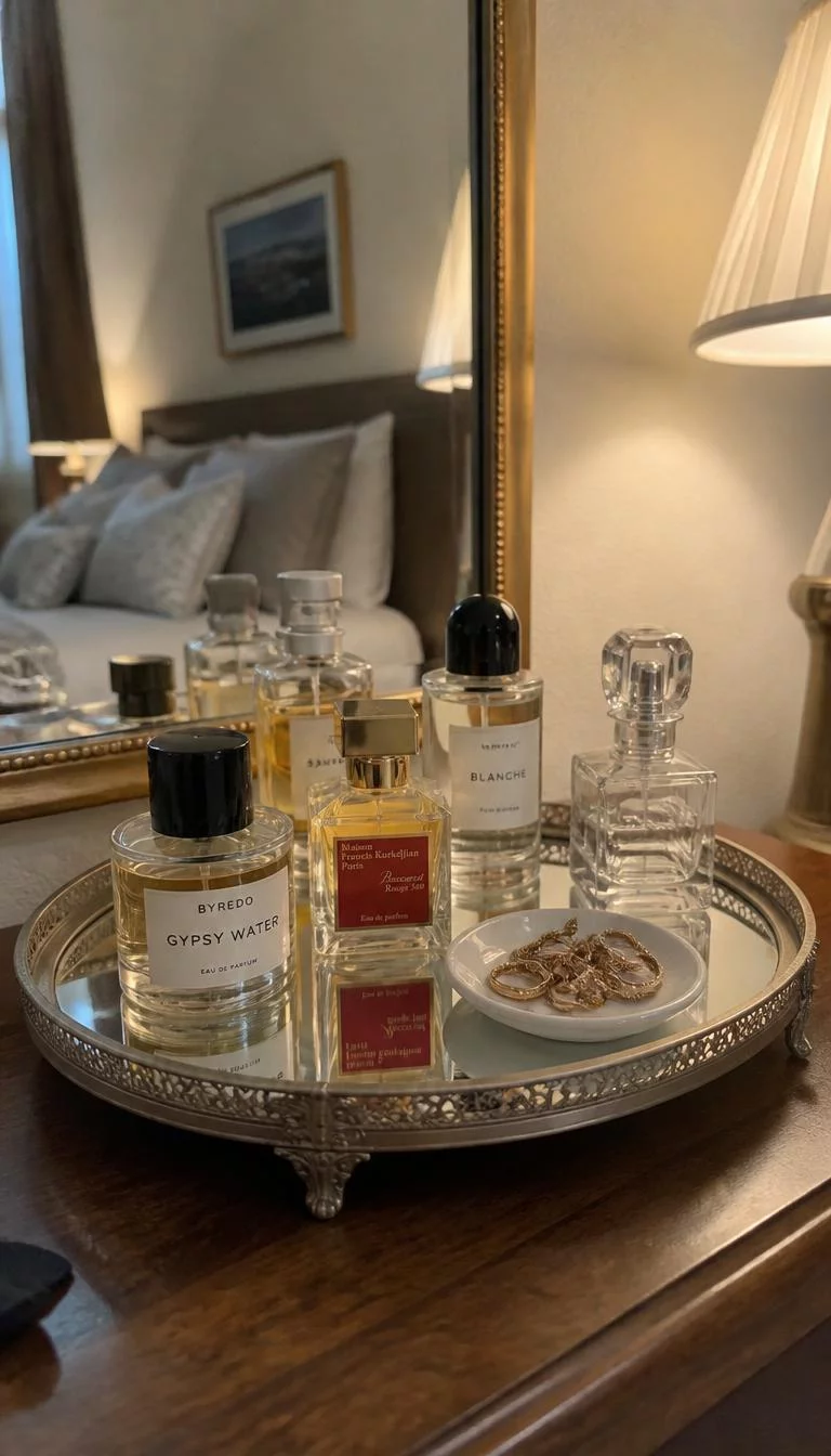 A super-realistic photo of a bedroom dresser with a vintage bronze mirror tray holding several perfume bottles and a small dish of gold rings, reflecting the warm light of a nearby lamp, everyday social media post aesthetic, photorealistic, high-quality mobile photography, shot on an iPhone 14