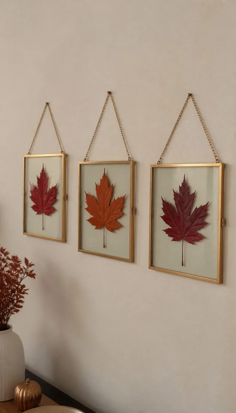 A super-realistic photo of a gallery wall with three gold floating glass frames containing perfectly preserved flat pressed maple leaves in shades of deep red and burnt orange, hanging on a cream colored wall, everyday social media post aesthetic, photorealistic, high-quality mobile photography, shot on an iPhone 14