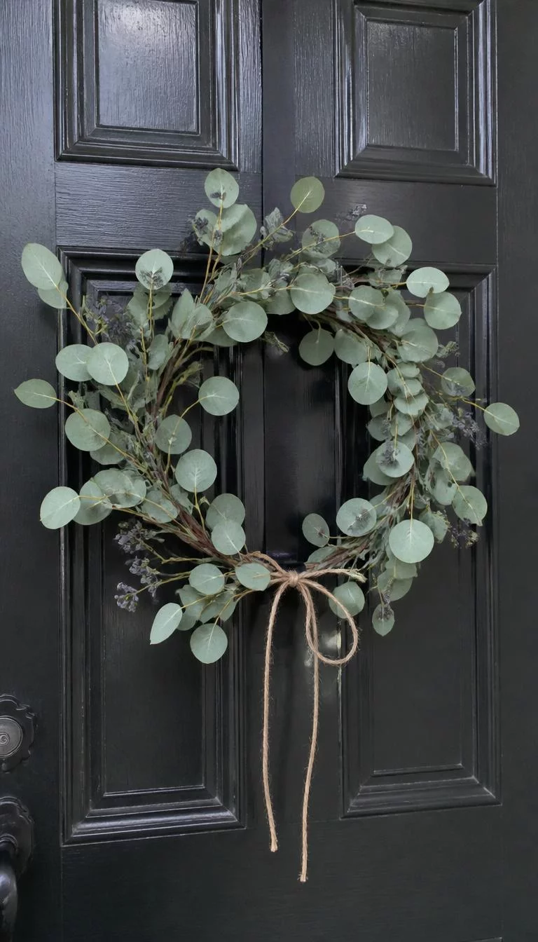 A super-realistic photo of a dark painted front door with a minimalist wreath made of silver dollar eucalyptus leaves and small clusters of dark blue dried berries, tied with a simple twine bow, everyday social media post aesthetic, photorealistic, high-quality mobile photography, shot on an iPhone 14