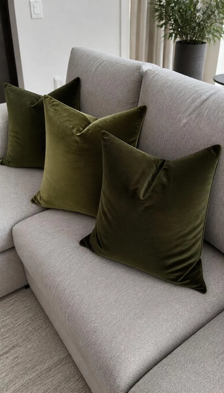 A super-realistic photo of a light gray sectional sofa adorned with several square velvet pillows in deep mossy green and olive tones, showing the soft sheen of the fabric and small creases where the cushions meet, everyday social media post aesthetic, photorealistic, high-quality mobile photography, shot on an iPhone 14