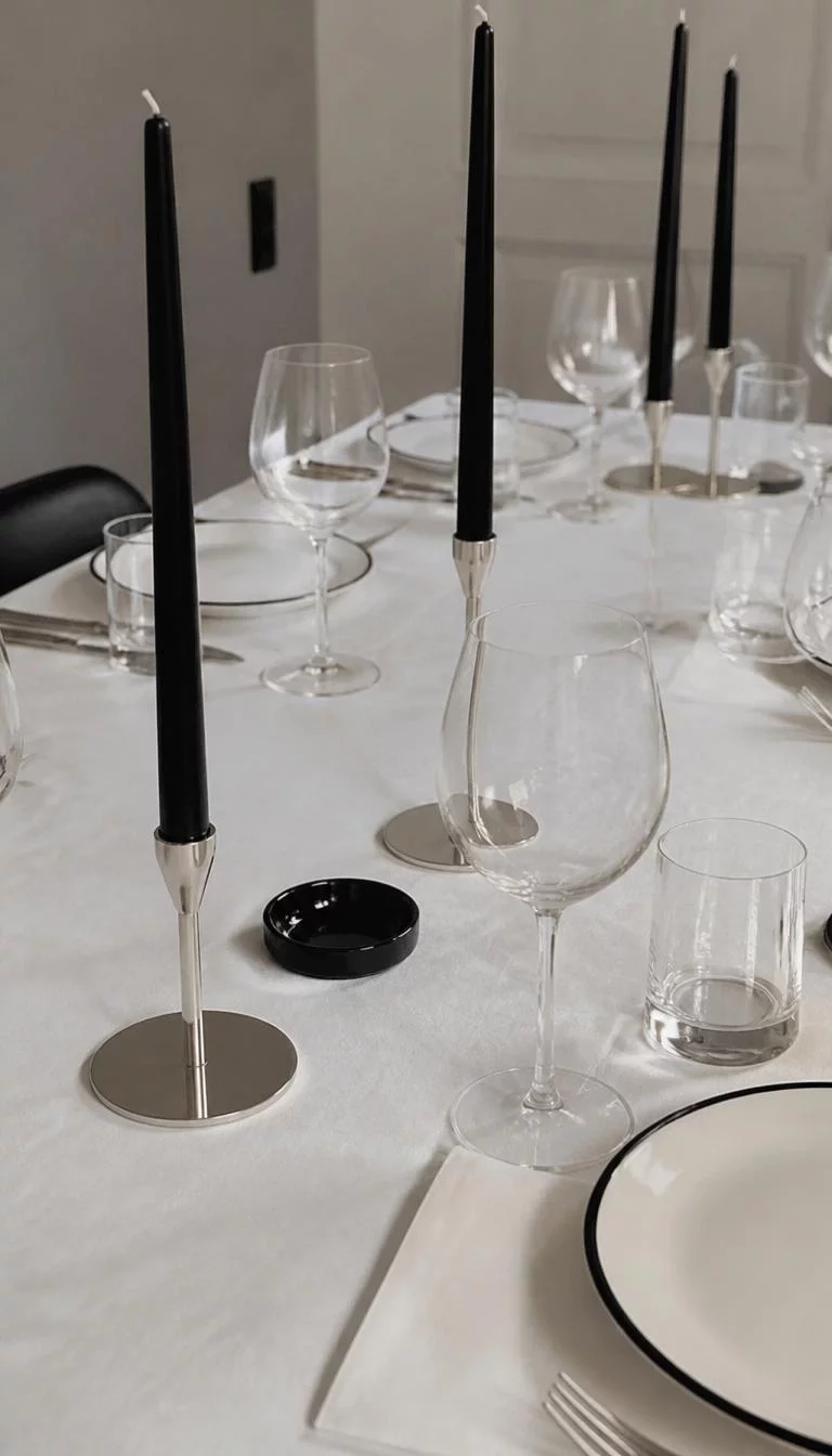 A super-realistic photo of a dining table set for dinner with tall matte black taper candles in silver holders, showing the stark contrast between the black wax and the white tablecloth, everyday social media post aesthetic, photorealistic, high-quality mobile photography, shot on an iPhone 14