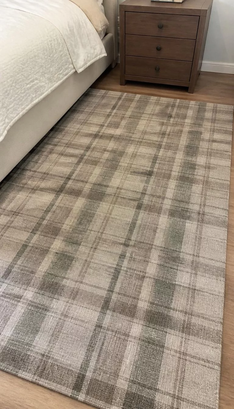 A super-realistic photo of a bedroom floor with a large area rug featuring a muted plaid pattern in shades of oatmeal, charcoal, and soft sage green, with the corner of a bed and a wooden nightstand visible, everyday social media post aesthetic, photorealistic, high-quality mobile photography, shot on an iPhone 14