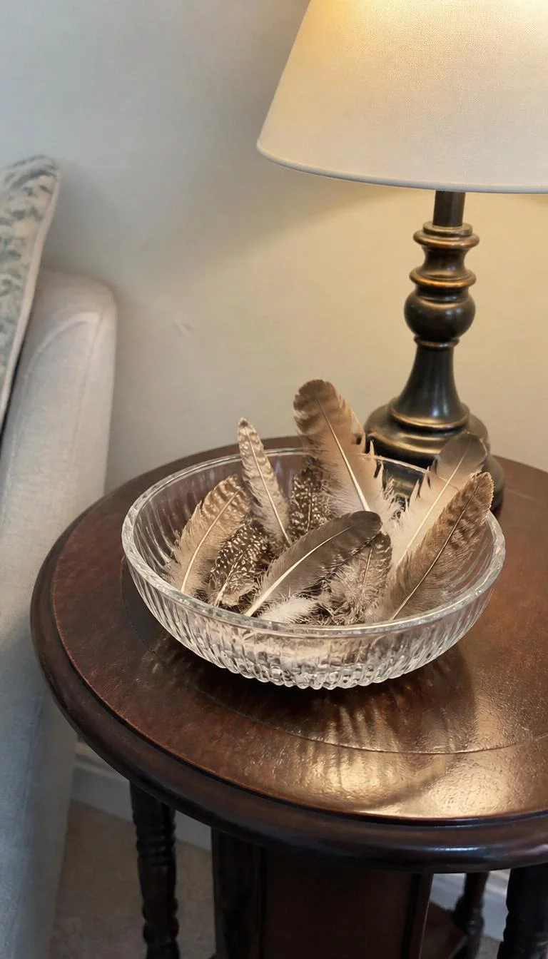 A super-realistic photo of a side table with a shallow clear glass bowl filled with found bird feathers in shades of brown, gray, and speckled white, positioned under a small lamp, everyday social media post aesthetic, photorealistic, high-quality mobile photography, shot on an iPhone 14