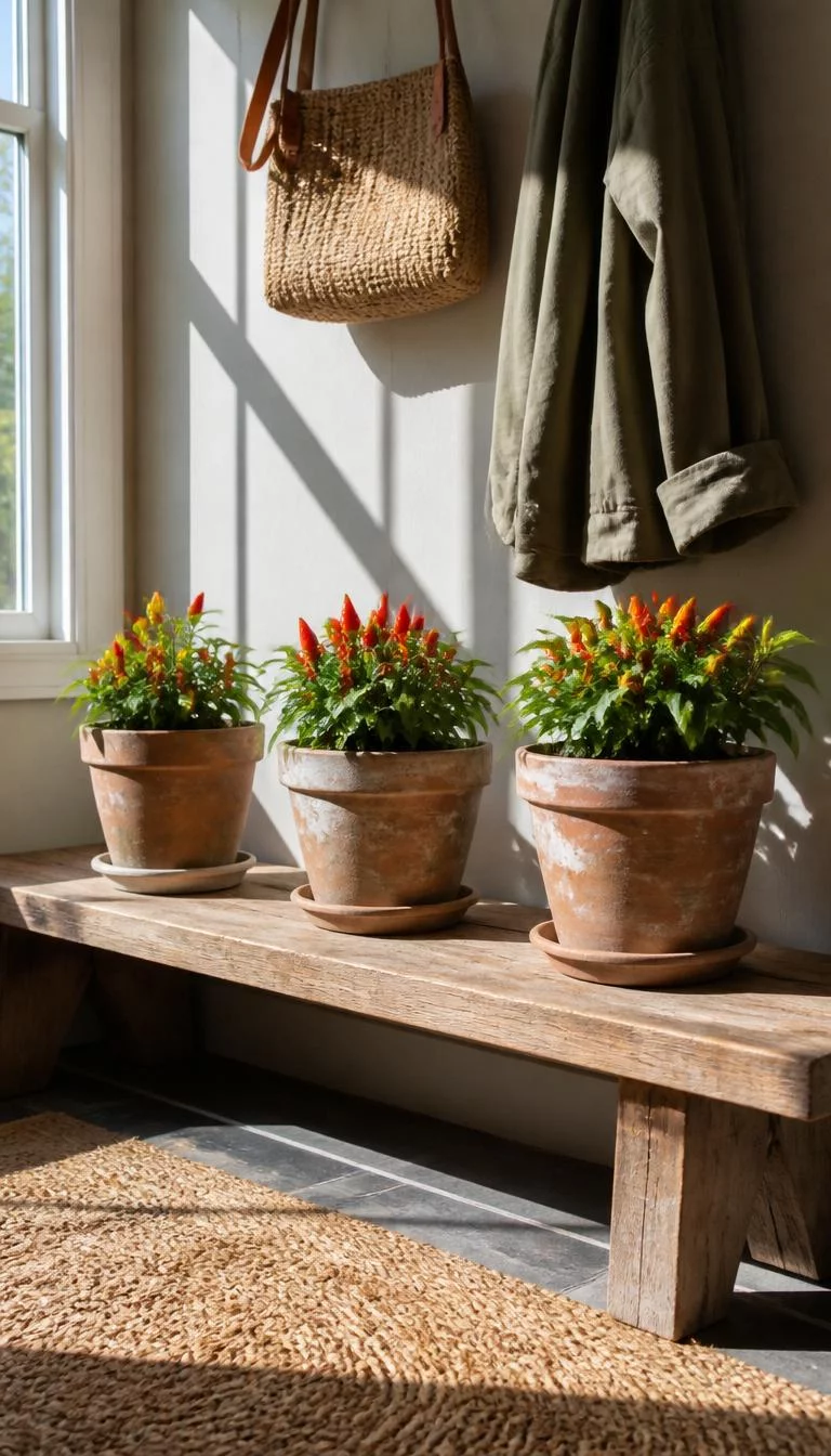 A super-realistic photo of a sun drenched mudroom bench holding three aged terracotta pots, each filled with vibrant ornamental pepper plants displaying tiny bright red and yellow peppers among dark green leaves, everyday social media post aesthetic, photorealistic, high-quality mobile photography, shot on an iPhone 14