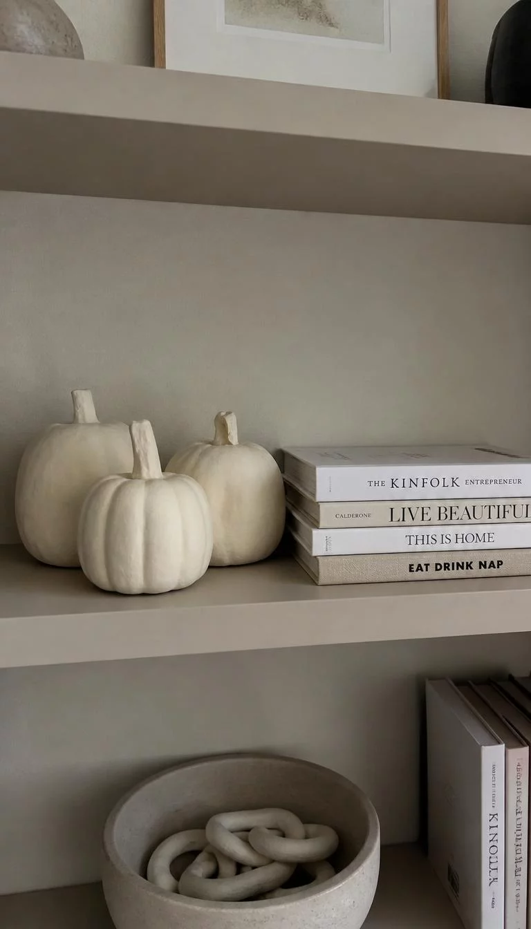 A super-realistic photo of a minimalist bookshelf featuring three handmade plaster pumpkins with smooth matte white finishes and organic slightly lopsided shapes, sitting next to a stack of art books, everyday social media post aesthetic, photorealistic, high-quality mobile photography, shot on an iPhone 14