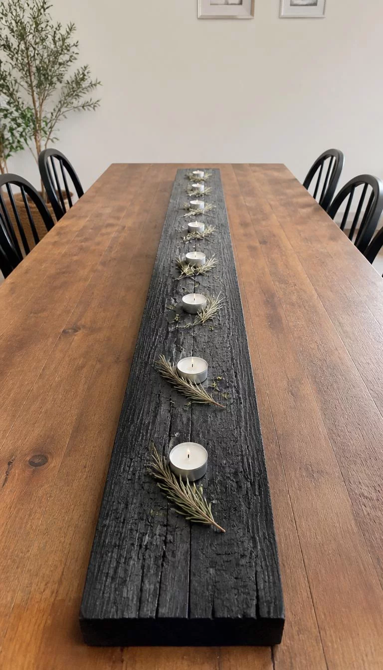 A super-realistic photo of a minimalist dining room table featuring a long plank of dark charred Shou Sugi Ban wood as a runner, topped with tiny white tea light candles and small sprigs of dried rosemary, everyday social media post aesthetic, photorealistic, high-quality mobile photography, shot on an iPhone 14