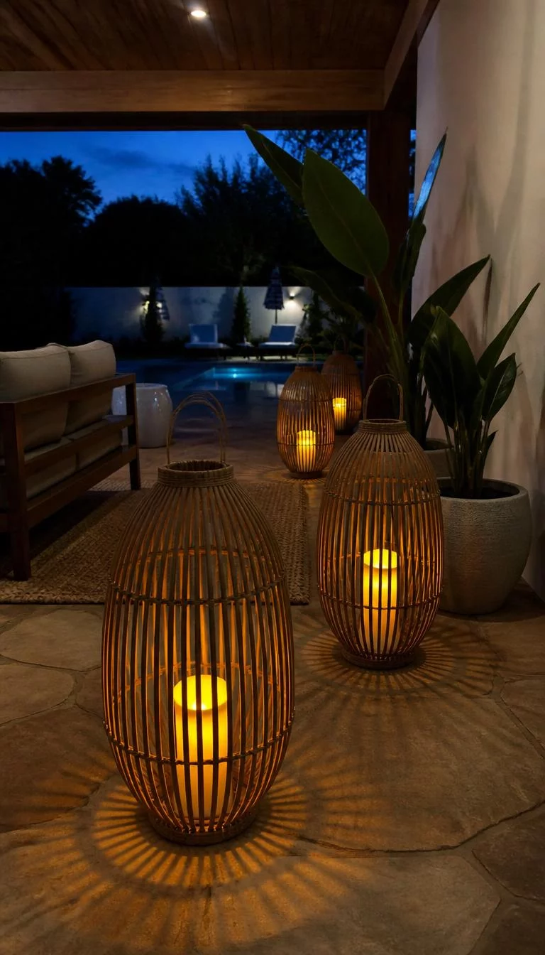 A super-realistic photo of a covered back patio at dusk with several large rattan lanterns scattered on the floor, each containing a glowing amber LED pillar candle that casts striped shadows, everyday social media post aesthetic, photorealistic, high-quality mobile photography, shot on an iPhone 14