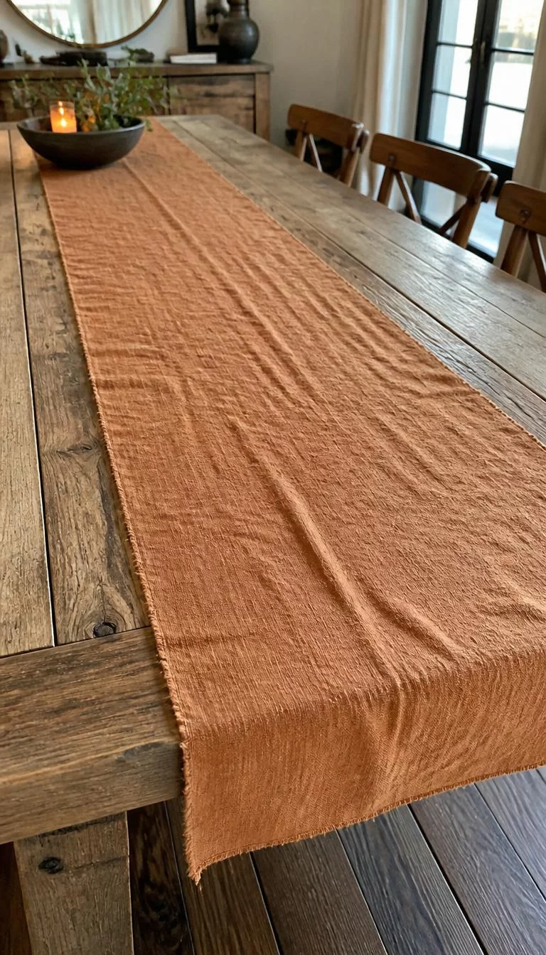 A super-realistic photo of a rustic oak dining table covered with a wrinkled cinnamon-colored linen table runner, featuring raw frayed edges and a visible weave pattern, everyday social media post aesthetic, photorealistic, high-quality mobile photography, shot on an iPhone 14