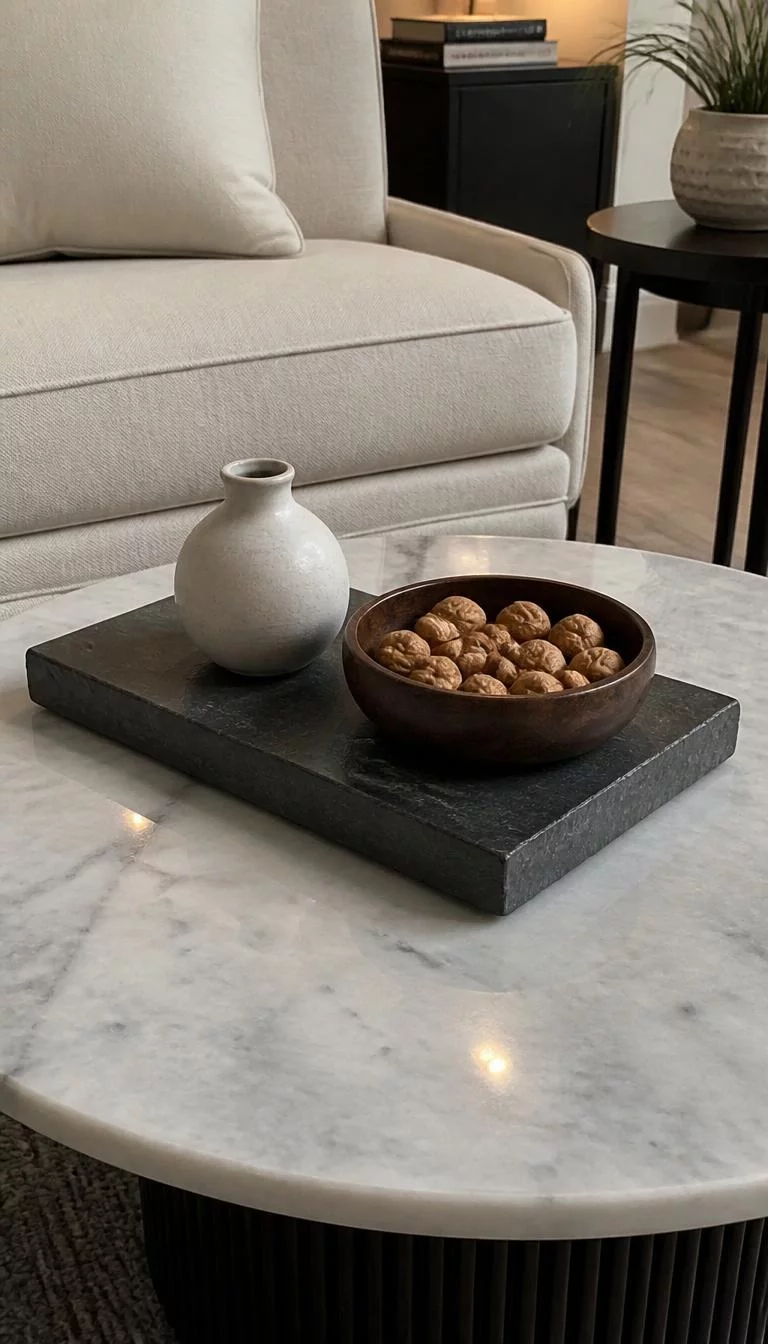 A super-realistic photo of a round marble coffee table with a heavy rectangular slate tray on top, holding a small white ceramic vase and a single dark wood bowl filled with walnut shells, everyday social media post aesthetic, photorealistic, high-quality mobile photography, shot on an iPhone 14