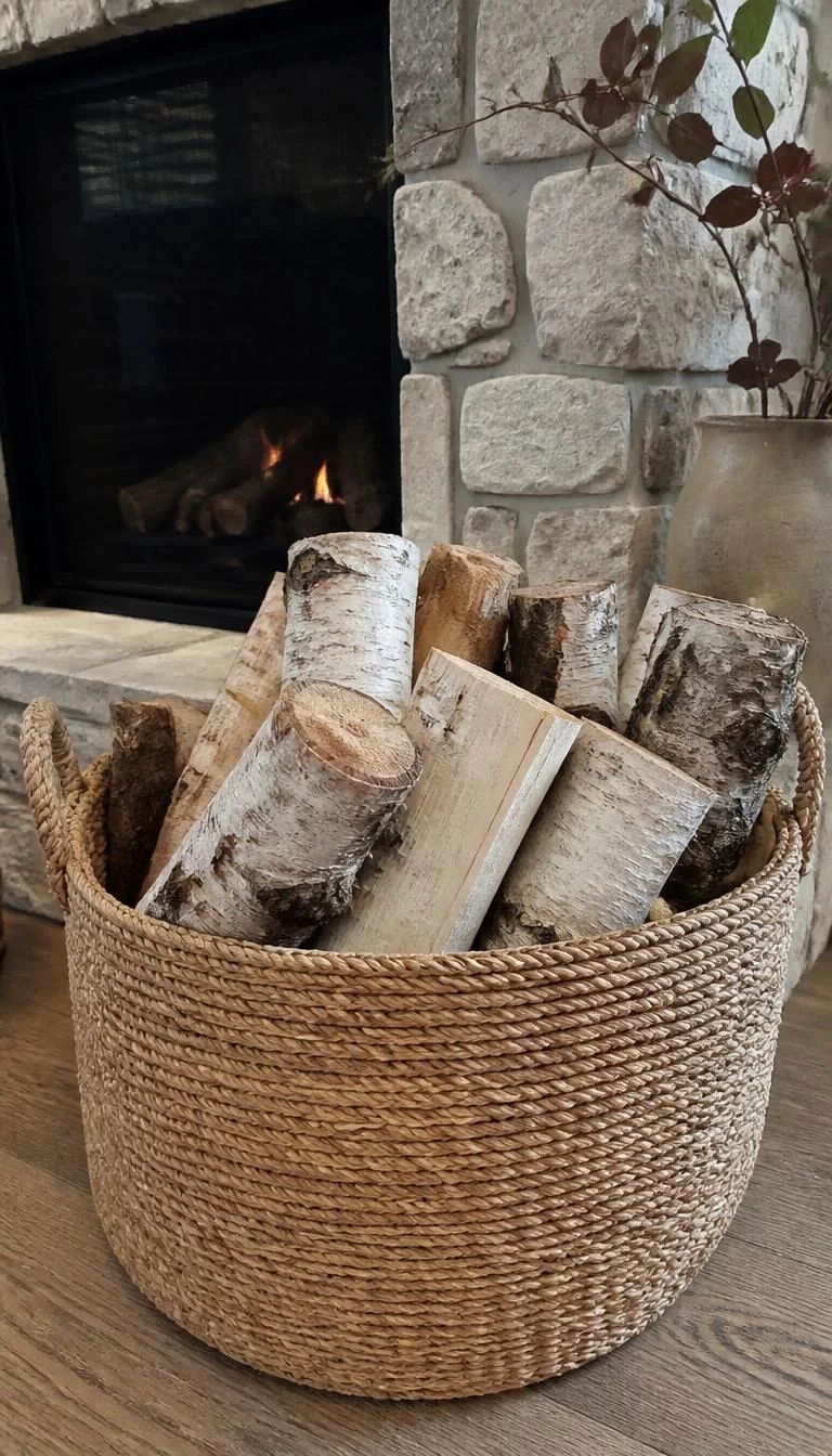 A super-realistic photo of a cozy fireplace hearth with a large round seagrass basket overflowing with split birch logs, showing the white bark and the rough texture of the woven handles, everyday social media post aesthetic, photorealistic, high-quality mobile photography, shot on an iPhone 14