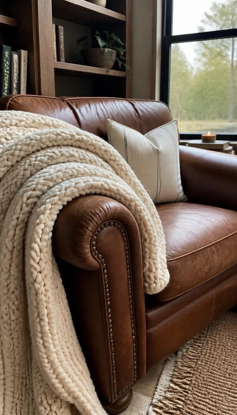 A super-realistic photo of a cozy reading nook featuring an oversized leather armchair with an exceptionally chunky buttercream-colored knit wool blanket draped over the side, showing thick loops of yarn and a soft fuzzy texture, everyday social media post aesthetic, photorealistic, high-quality mobile photography, shot on an iPhone 14