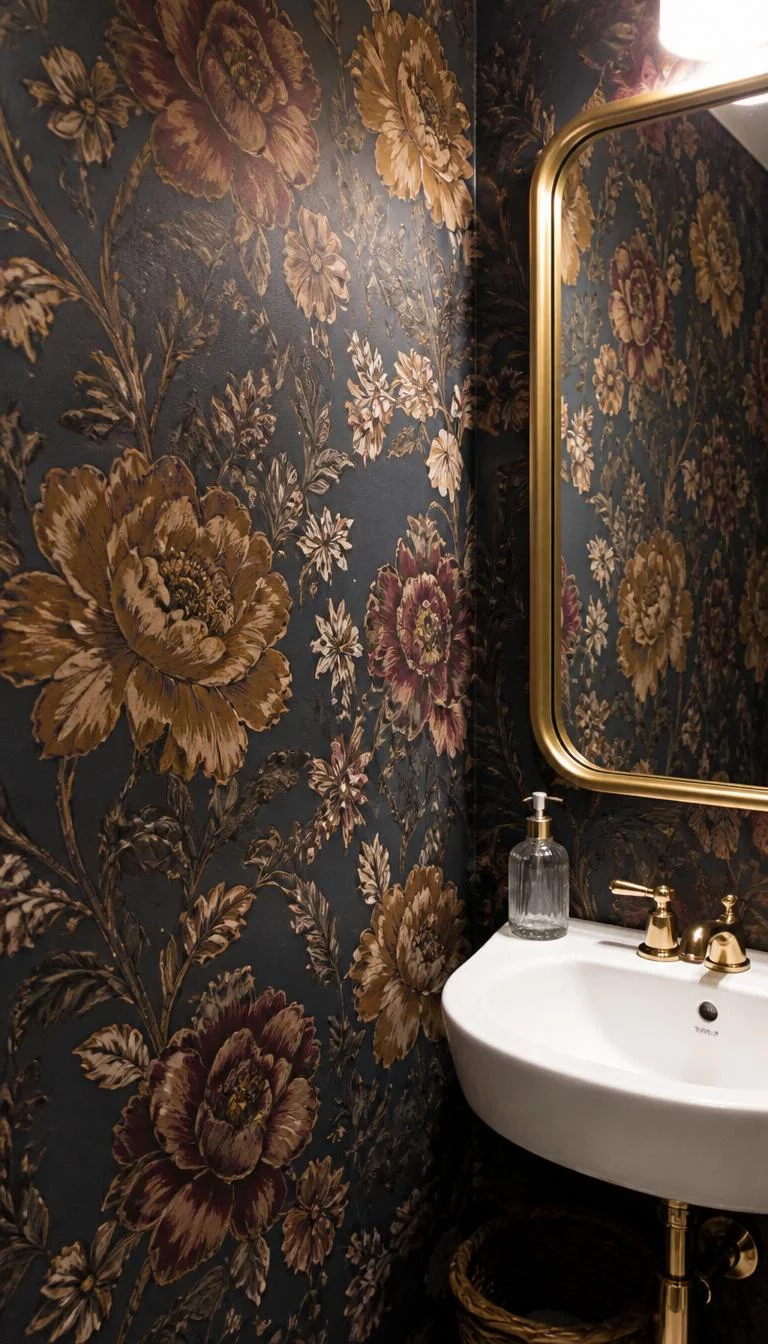 A super-realistic photo of a small powder room wall featuring a dark moody floral wallpaper with navy background and large ochre and burgundy flowers, a gold mirror reflects the pattern, everyday social media post aesthetic, photorealistic, high-quality mobile photography, shot on an iPhone 14