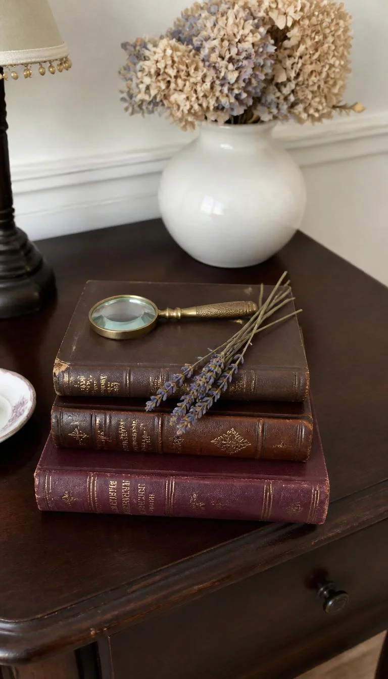 A super-realistic photo of a dark mahogany side table with a stack of three vintage leather-bound books in shades of chocolate brown and burgundy, topped with a small magnifying glass and a sprig of dried lavender, everyday social media post aesthetic, photorealistic, high-quality mobile photography, shot on an iPhone 14