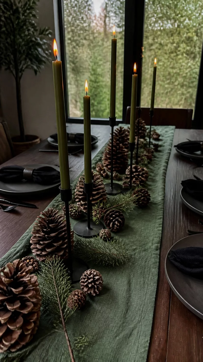 A super-realistic photo of a dining table runner, sage green slender candles in black metal holders, large natural pinecones scattered along the center of the table, a forest floor inspired theme, everyday social media post aesthetic, photorealistic, high-quality mobile photography, shot on an iPhone 14