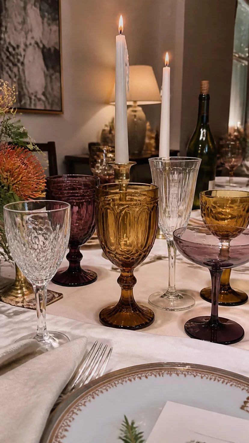 A super-realistic photo of a festive dining table, a collection of different vintage wine glasses in shades of amber, amethyst, and clear crystal, all different heights and shapes, a playful and curated look, everyday social media post aesthetic, photorealistic, high-quality mobile photography, shot on an iPhone 14
