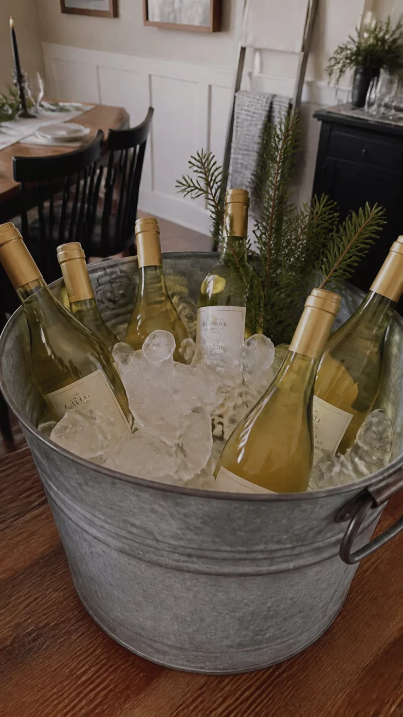 A super-realistic photo of a dining room corner, a large galvanized zinc bucket filled with ice and bottles of white wine, a few sprigs of evergreen tucked into the ice, a rustic farmhouse party vibe, everyday social media post aesthetic, photorealistic, high-quality mobile photography, shot on an iPhone 14