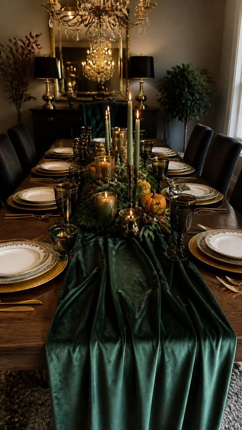 A super-realistic photo of a luxury dining room, a long plush forest green velvet runner draped over a dark walnut table, the fabric catching the light with a soft sheen, gold rimmed plates sitting on top, a moody and opulent autumn setting, everyday social media post aesthetic, photorealistic, high-quality mobile photography, shot on an iPhone 14