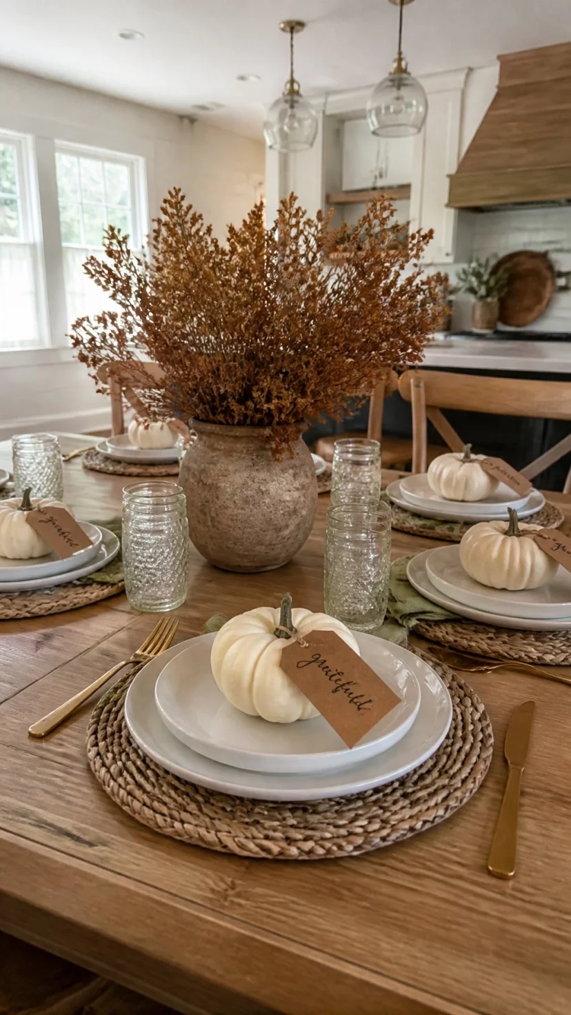 A super-realistic photo of a wooden dining table, tiny white baby boo pumpkins at each place setting, small brown paper tags with elegant handwriting tied to the stems with twine, soft focus background of a cozy kitchen, autumnal charm, everyday social media post aesthetic, photorealistic, high-quality mobile photography, shot on an iPhone 14