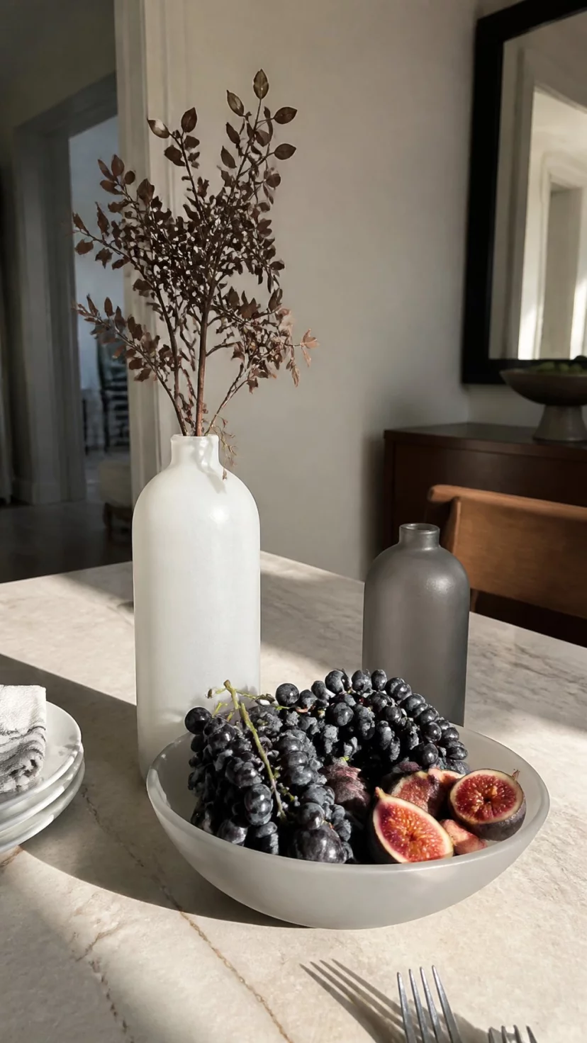 A super-realistic photo of a sunlit dining area, opaque frosted glass vases in soft white and grey, filled with dark purple grapes and sliced figs, a modern and minimalist take on a cornucopia, everyday social media post aesthetic, photorealistic, high-quality mobile photography, shot on an iPhone 14