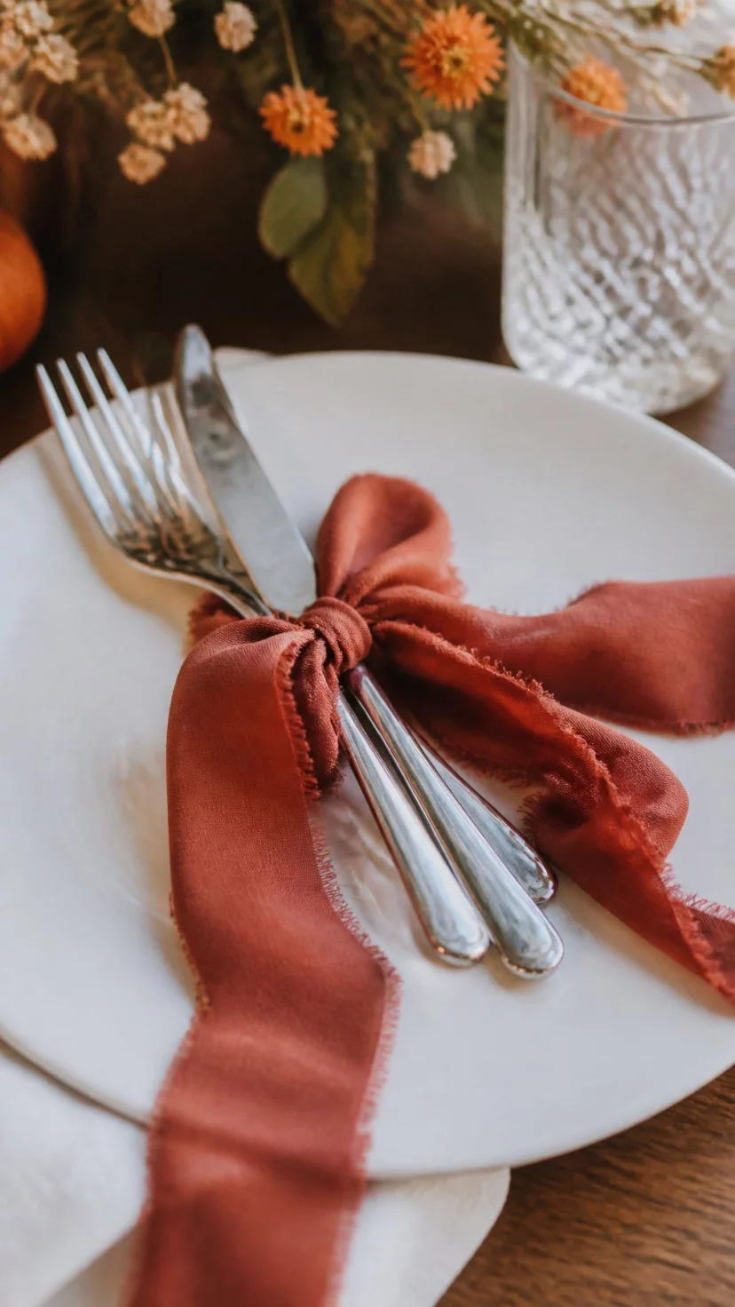 A super-realistic photo of a dining table detail, a set of silver forks and knives tied together with a long frayed edge silk ribbon in burnt orange, resting on a white plate, delicate and romantic autumn decor, everyday social media post aesthetic, photorealistic, high-quality mobile photography, shot on an iPhone 14