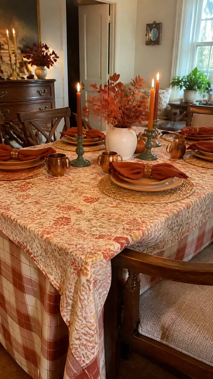 A super-realistic photo of a large dining table, a bottom layer of a large scale plaid tablecloth, a top layer of a smaller floral print in matching colors, creative mixing of patterns, a maximalist and cozy autumn vibe, everyday social media post aesthetic, photorealistic, high-quality mobile photography, shot on an iPhone 14