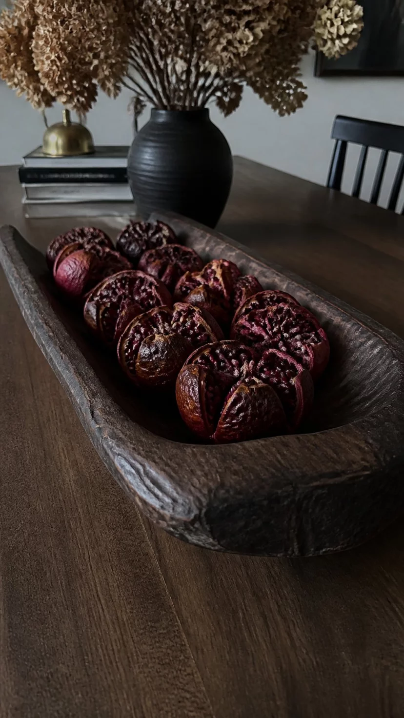 A super-realistic photo of a central dining table arrangement, a hand carved dark wood bowl filled with dried dark red pomegranate halves, showing the leathery skin and seeds, a moody and textured autumn still life, everyday social media post aesthetic, photorealistic, high-quality mobile photography, shot on an iPhone 14