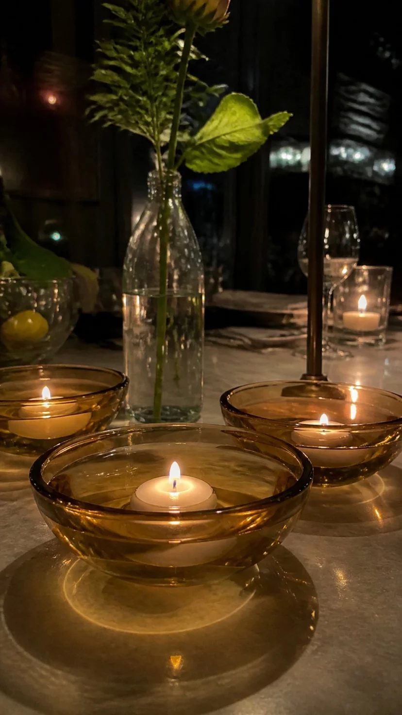 A super-realistic photo of a dining table at night, shallow amber glass bowls filled with water, small white tealight candles floating on the surface, glowing warm reflections on the water, a magical and calm evening atmosphere, everyday social media post aesthetic, photorealistic, high-quality mobile photography, shot on an iPhone 14