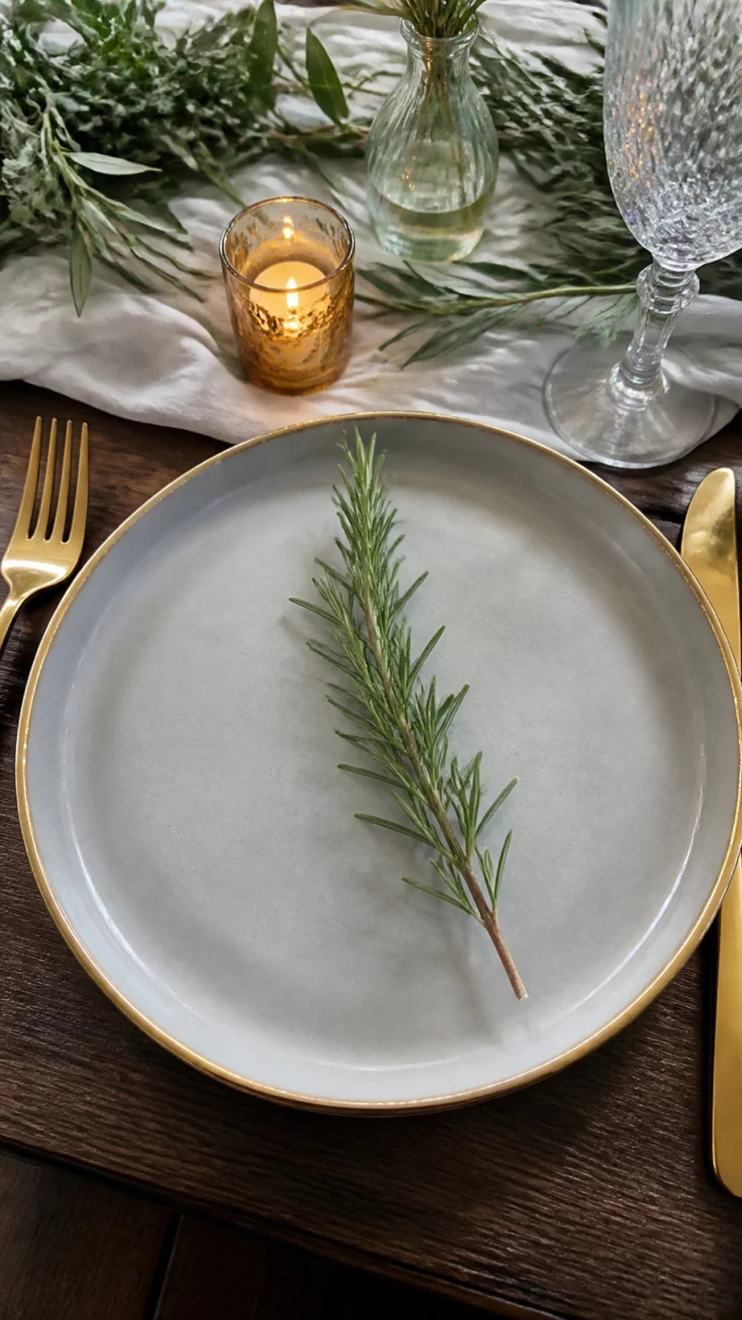 A super-realistic photo of a place setting, a matte grey stoneware plate with a delicate hand painted gold rim, a sprig of rosemary resting on top, a blend of rustic and elegant styles, everyday social media post aesthetic, photorealistic, high-quality mobile photography, shot on an iPhone 14
