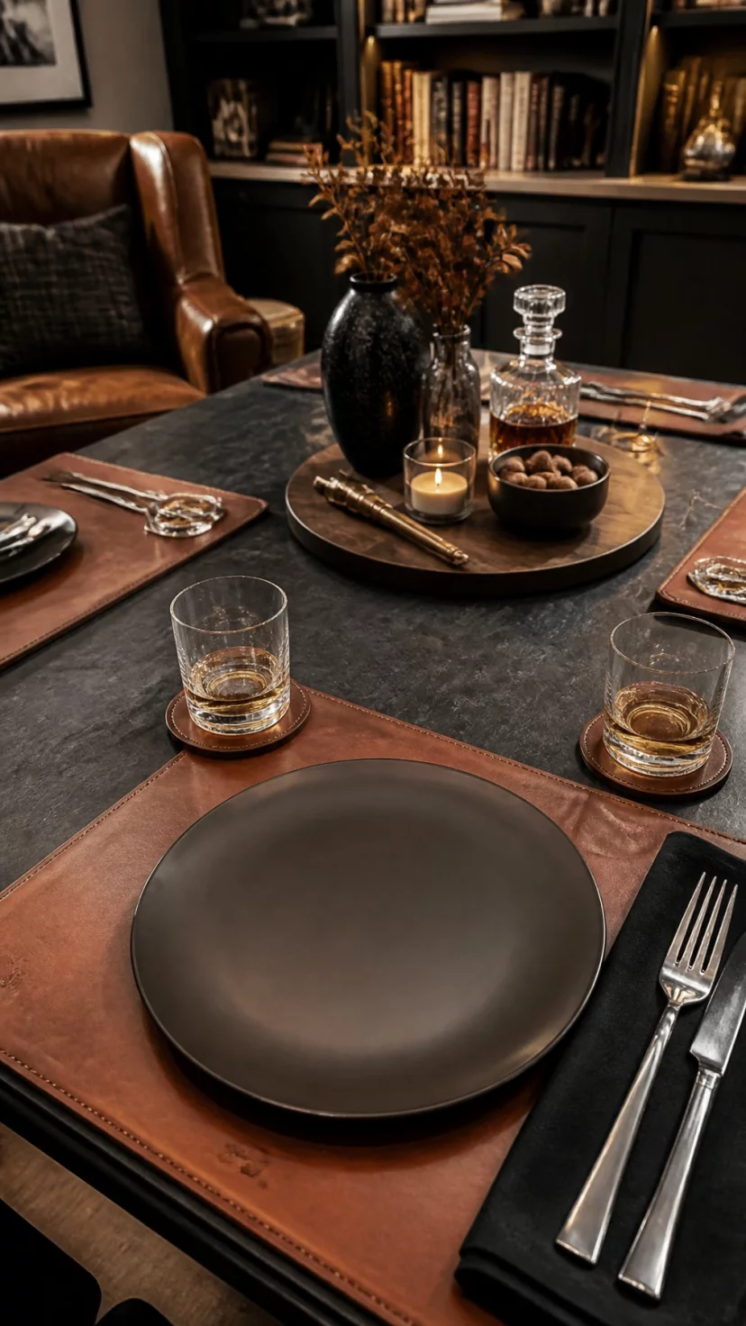 A super-realistic photo of a masculine dining room setup, rich cognac colored leather place mats on a slate table, matching circular leather coasters, thick heavy glassware, a library inspired autumn aesthetic, everyday social media post aesthetic, photorealistic, high-quality mobile photography, shot on an iPhone 14