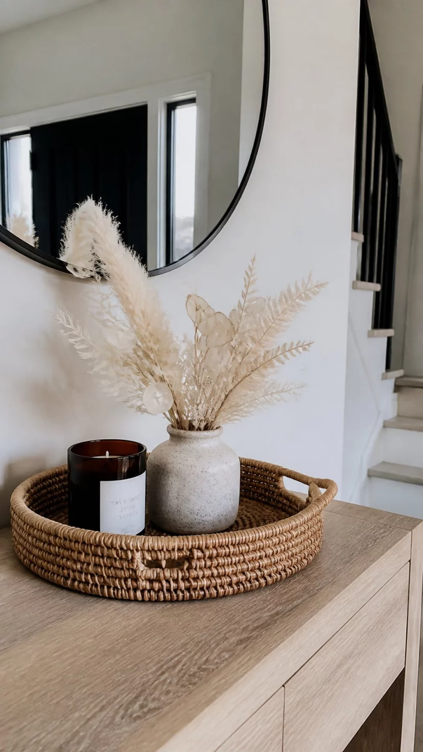 Handwoven Rattan Trays A super-realistic photo of a bright entryway table with a large round handwoven rattan tray holding a candle and a small vase of dried flowers, everyday social media post aesthetic, photorealistic, high-quality mobile photography, shot on an iPhone 14
