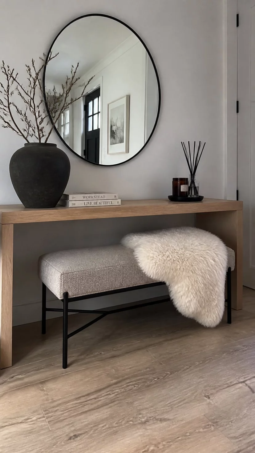 Faux Fur Small Throw Blankets A super-realistic photo of an entryway bench tucked under a table with a small cream colored faux fur throw draped over the side, everyday social media post aesthetic, photorealistic, high-quality mobile photography, shot on an iPhone 14