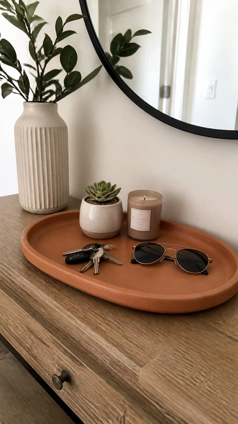 Textured Terracotta Trays For Organization A super-realistic photo of a modern entryway table featuring a large flat terracotta tray holding a set of keys and a pair of sunglasses, a small potted succulent sits in the corner of the tray near a ceramic candle, everyday social media post aesthetic, photorealistic, high-quality mobile photography, shot on an iPhone 14