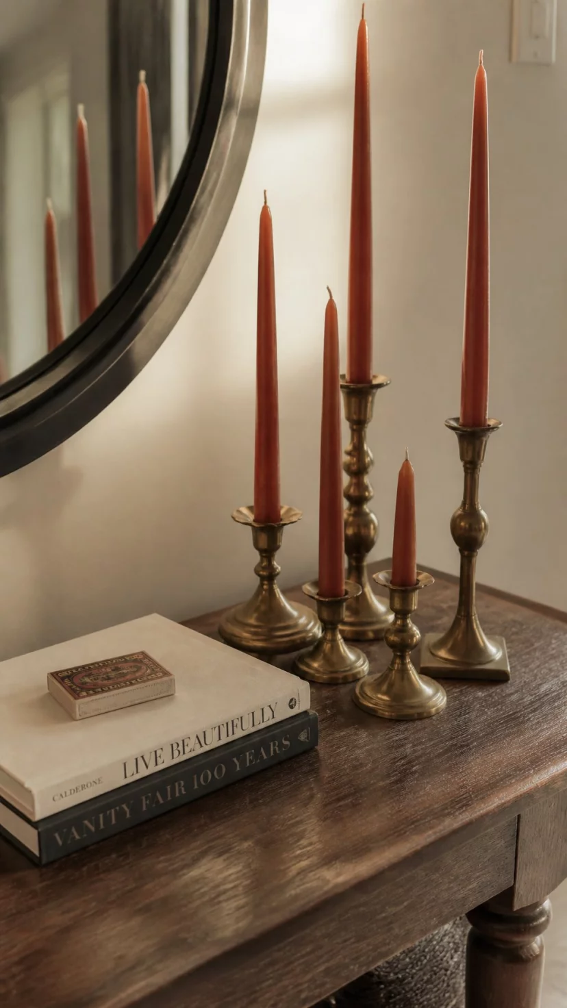 Aged Brass Candlesticks With Tapered Wax A super-realistic photo of an elegant entryway table showcasing a set of mismatched aged brass candlesticks with tall terracotta colored taper candles, a small decorative matchbox rests on a stack of linen bound books, everyday social media post aesthetic, photorealistic, high-quality mobile photography, shot on an iPhone 14