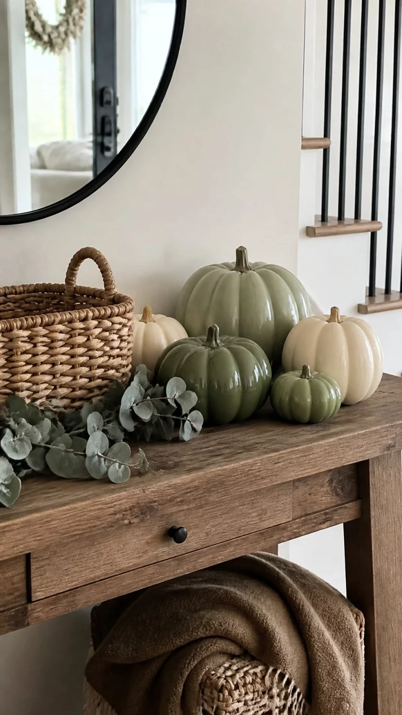 Muted Sage And Cream Heirloom Pumpkins A super-realistic photo of a rustic wooden entryway table styled with a cluster of ceramic and real heirloom pumpkins in shades of sage green and pale cream, a small woven basket sits nearby alongside a sprig of preserved eucalyptus, everyday social media post aesthetic, photorealistic, high-quality mobile photography, shot on an iPhone 14