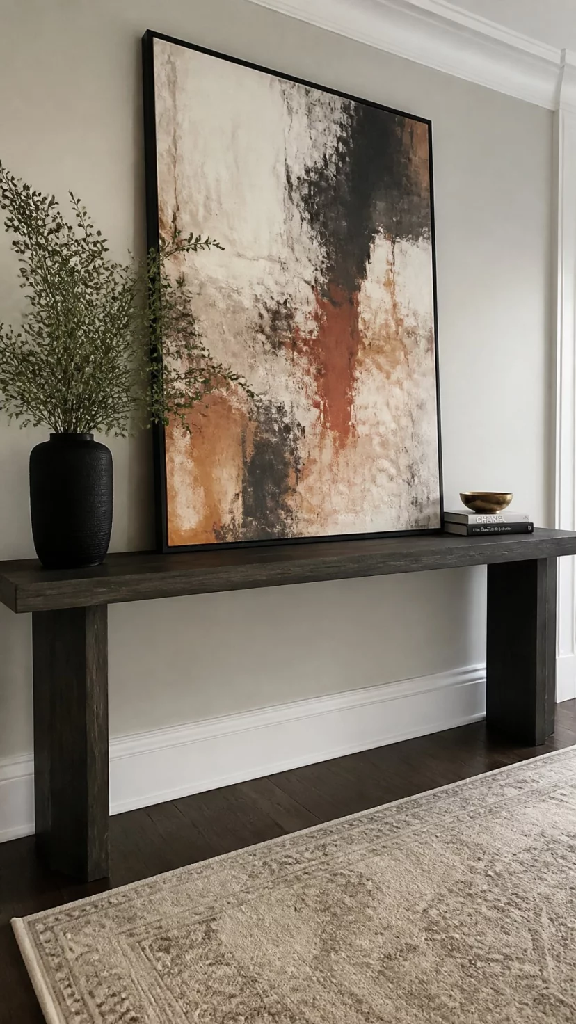 Large Scale Abstract Art In Autumn Tones A super-realistic photo of a long entryway table with a large abstract painting leaning against the wall behind it featuring splashes of rust, ochre, and charcoal grey, everyday social media post aesthetic, photorealistic, high-quality mobile photography, shot on an iPhone 14