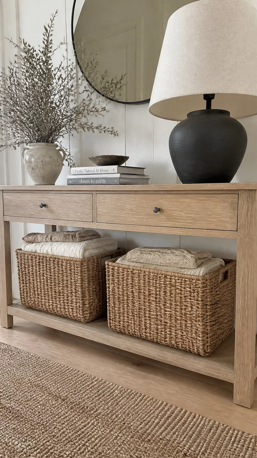 Woven Seagrass Baskets Tucked Underneath A super-realistic photo of a light oak entryway table with two large woven seagrass baskets stored on the bottom shelf containing folded wool blankets in neutral tones, everyday social media post aesthetic, photorealistic, high-quality mobile photography, shot on an iPhone 14