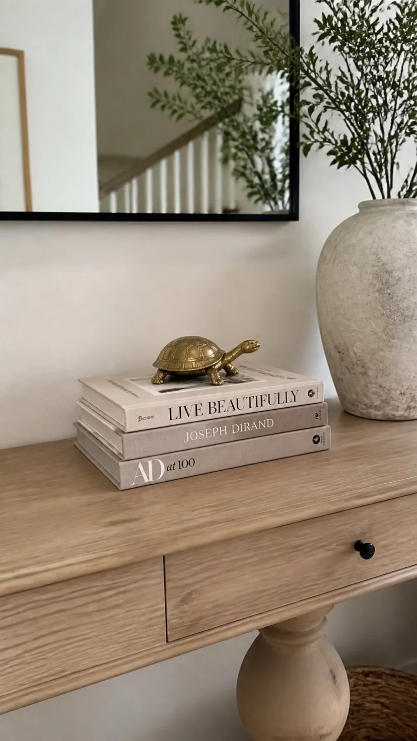 Stacks Of Neutral Linen Bound Books A super-realistic photo of a console table in a hallway decorated with a stack of three linen bound books in shades of tan and oatmeal, a small gold turtle figurine sits on top of the stack, everyday social media post aesthetic, photorealistic, high-quality mobile photography, shot on an iPhone 14