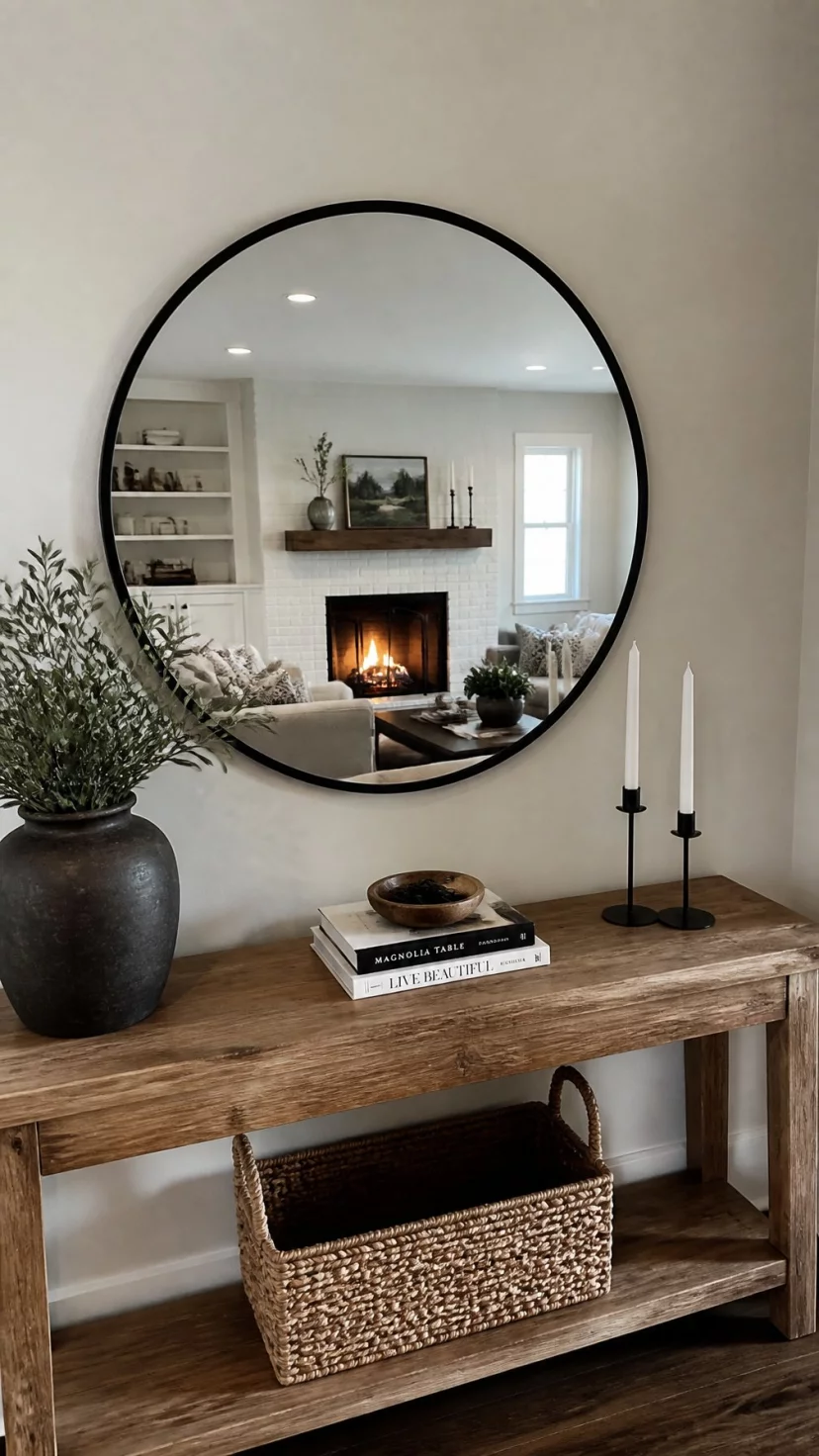 Oversized Round Mirrors With Black Frames A super-realistic photo of a entryway table with a large round mirror hanging above it featuring a thin black frame, the mirror reflects a cozy living room with a lit fireplace, everyday social media post aesthetic, photorealistic, high-quality mobile photography, shot on an iPhone 14