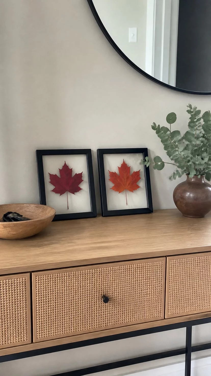 Framed Pressed Autumn Leaves A super-realistic photo of an entryway table with two small black frames containing single pressed maple leaves in vibrant red and orange colors leaning against the wall, everyday social media post aesthetic, photorealistic, high-quality mobile photography, shot on an iPhone 14