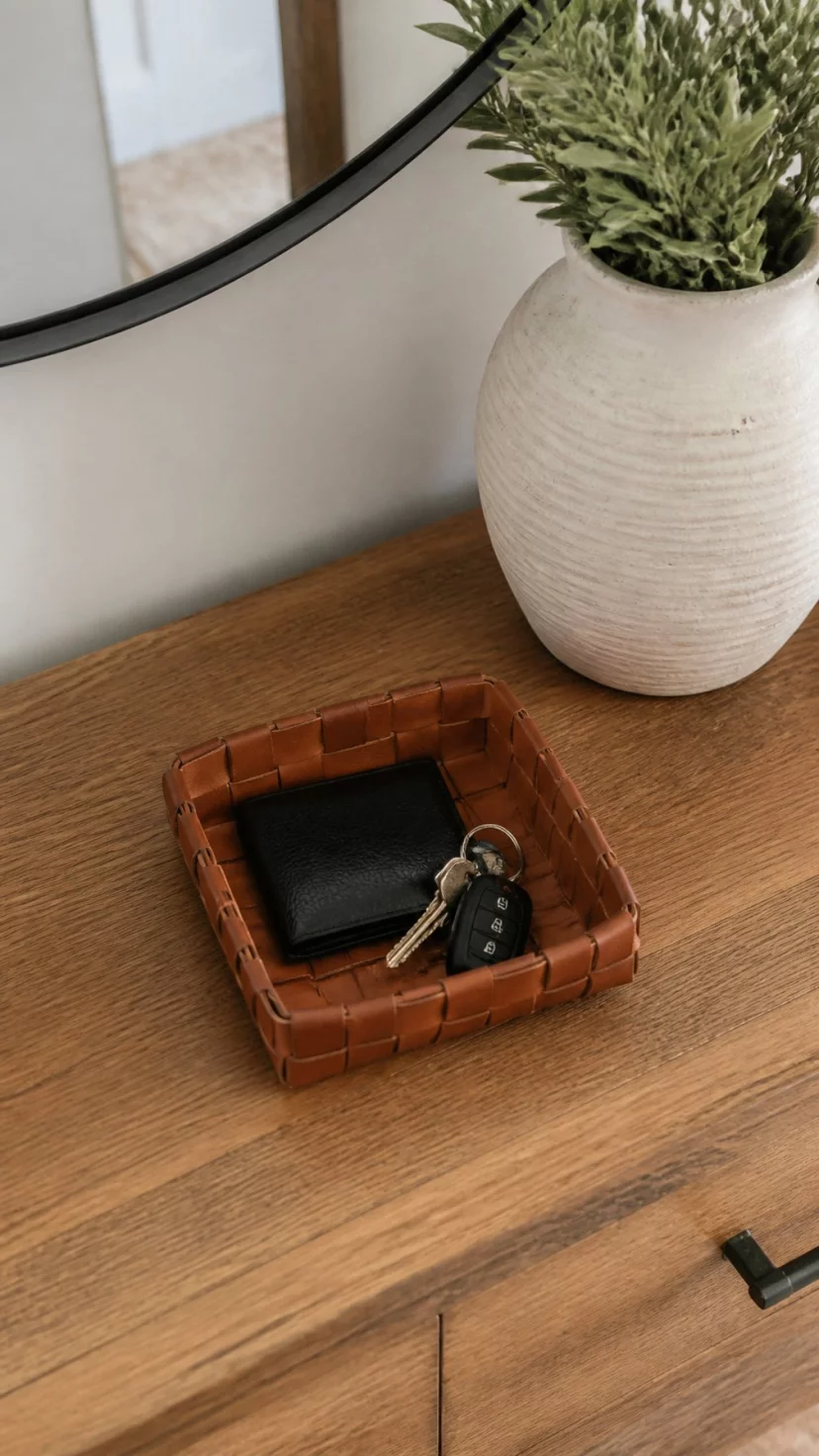 Woven Leather Catchalls A super-realistic photo of a wooden entryway table with a small woven leather basket in a rich cognac color holding a set of keys and a wallet, everyday social media post aesthetic, photorealistic, high-quality mobile photography, shot on an iPhone 14