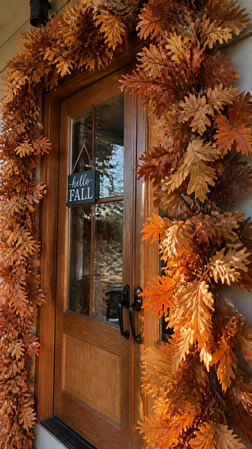 A super-realistic photo of a wooden door frame draped in a thick garland of real preserved oak and maple leaves in shades of gold and copper, the natural veins visible in the sunlight, everyday social media post aesthetic, photorealistic, high-quality mobile photography, shot on an iPhone 14