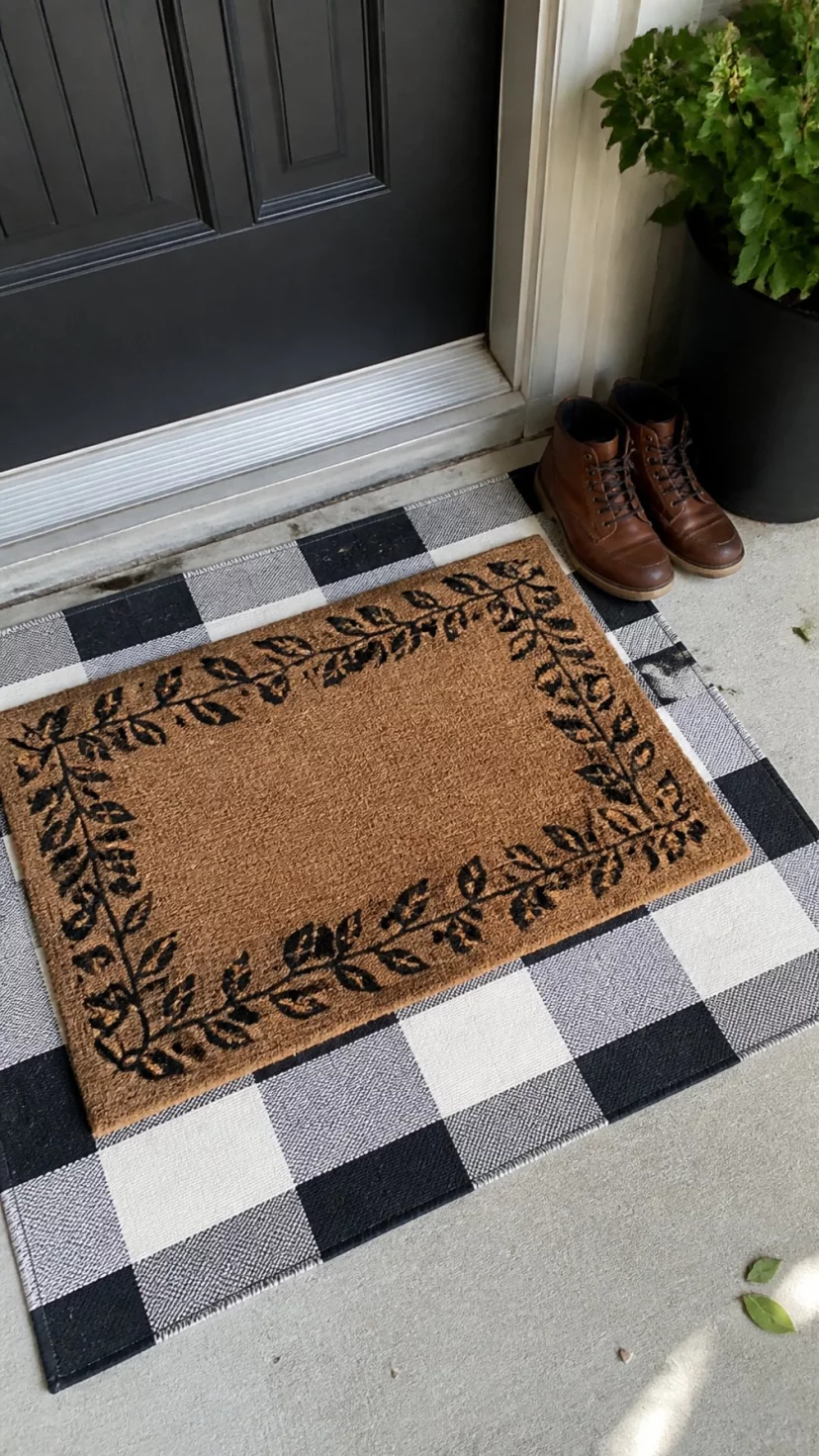 A super-realistic photo of a front porch floor featuring a large black and white checkered rug layered under a smaller coir mat with a leafy design, a pair of leather boots sitting neatly to the side, everyday social media post aesthetic, photorealistic, high-quality mobile photography, shot on an iPhone 14