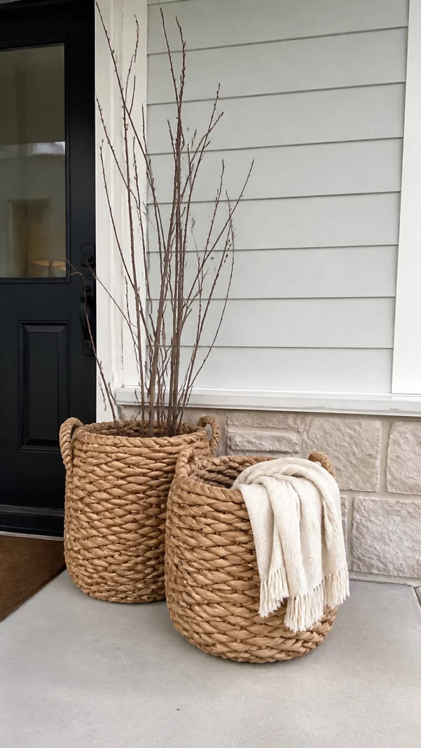 A super-realistic photo of two large chunky woven seagrass baskets sitting by a front door, one filled with architectural branches and the other with a soft wool throw blanket, everyday social media post aesthetic, photorealistic, high-quality mobile photography, shot on an iPhone 14
