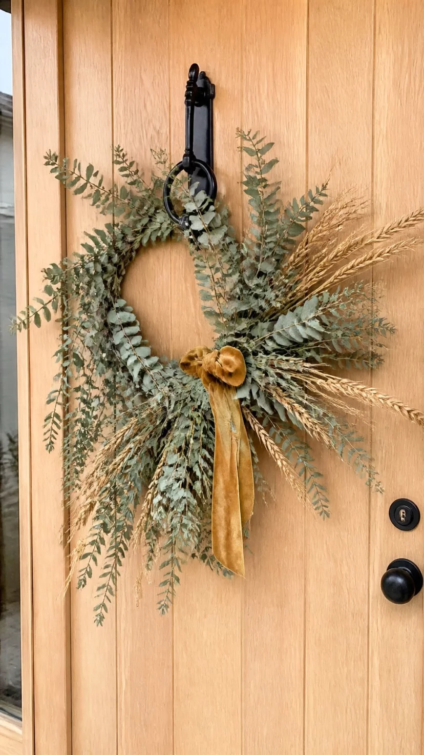 A super-realistic photo of a light oak front door adorned with a large asymmetrical wreath made of dried silver dollar eucalyptus and golden wheat stalks tied with a velvet mustard ribbon, the natural textures standing out against the wood grain, everyday social media post aesthetic, photorealistic, high-quality mobile photography, shot on an iPhone 14