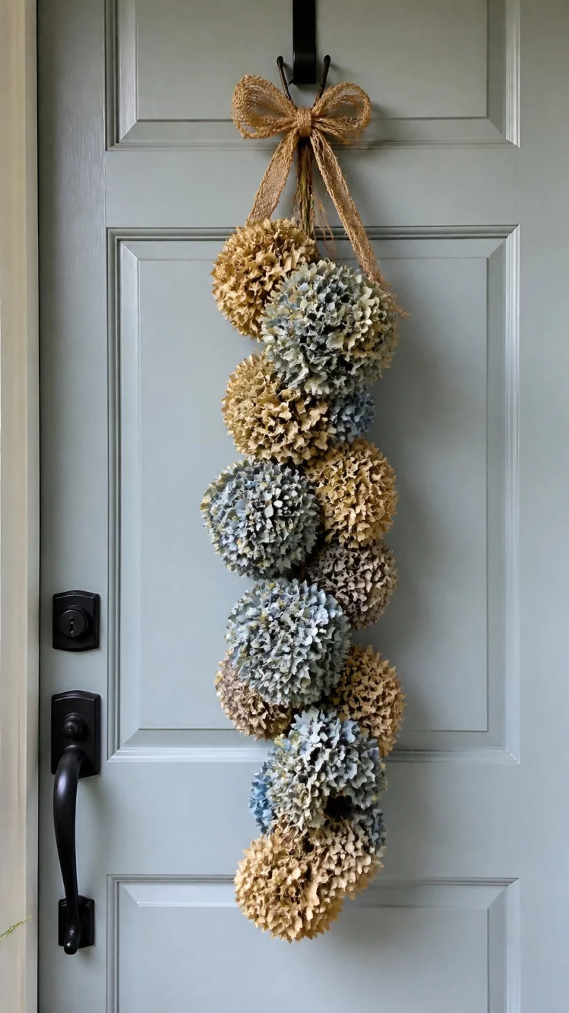 A super-realistic photo of a light grey front door with a long vertical swag made of dried blue and tan hydrangea blooms tied with a burlap cord, the delicate petals looking soft and vintage, everyday social media post aesthetic, photorealistic, high-quality mobile photography, shot on an iPhone 14