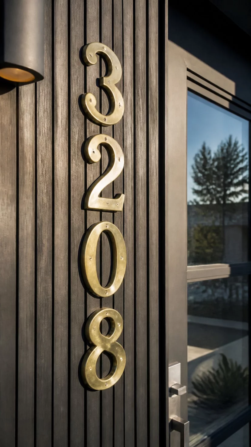 A super-realistic photo of bold oversized antique brass house numbers mounted vertically on a dark wood slat wall next to a modern front door, the metal catching the golden hour sunlight, everyday social media post aesthetic, photorealistic, high-quality mobile photography, shot on an iPhone 14